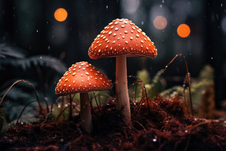Group of fungi little fresh mushrooms growing in fall rainy forest. Autumn seasonの素材