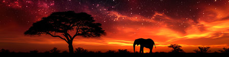 Silhouette of large acacia tree in the savanna plains with elephant. African sunsetの素材