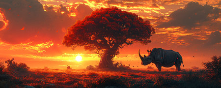 Silhouette of large acacia tree in the savanna plains with rhino (White Rhinoceros). African sunsetの素材
