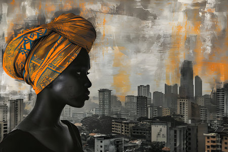 African american beautiful woman with urban modern city on background. Black history month, dayの素材