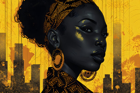 African american beautiful woman with urban modern city on background. Black history month, dayの素材