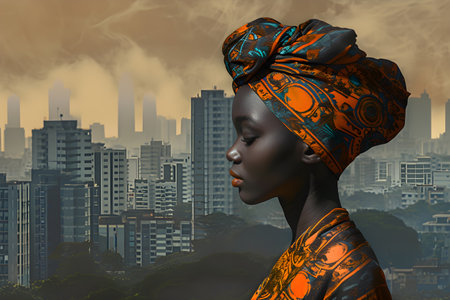 African american beautiful woman with urban modern city on background. Black history month, dayの素材
