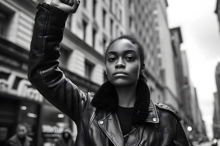 African american woman raising fist hand on protest. Black history month. Black Lives Matterの素材