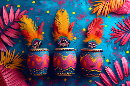 Brazilian and african colorful drums with feathers and flowers. Brazilian music. Carnival conceptの素材