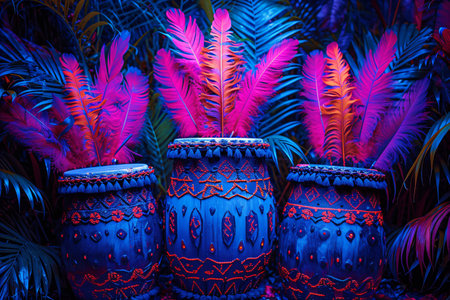 Brazilian and african colorful drums with feathers and flowers. Brazilian music. Carnival conceptの素材