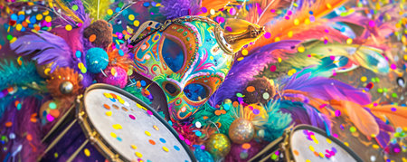 Brazilian and african colorful drums with carnival mask and feathers. Carnival conceptの素材