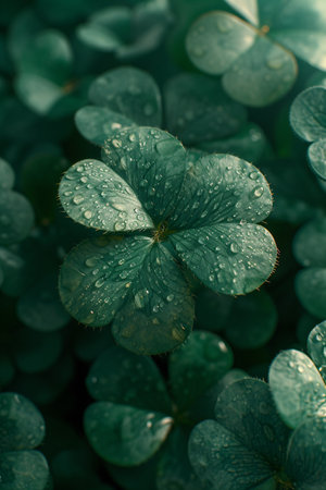 Clover leaves on green background. Three-leaved shamrocks. St Patrick's Day holiday symbolの素材