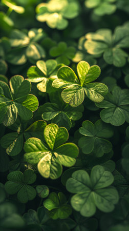 Clover leaves on green background. Three-leaved shamrocks. St Patrick's Day holiday symbolの素材