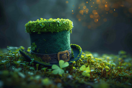 Green shamrock lucky top hat as Patrick's day symbol. Luck icon of Irish tradition. Leprechaun capの素材