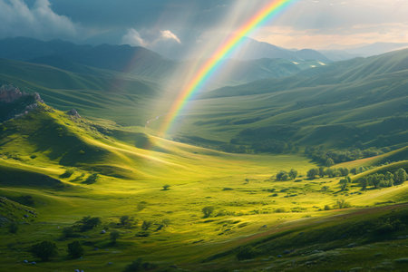Mountain with colorful rainbow in cloudy sky over field. Nature landscape after stormの素材