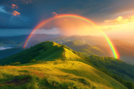 Mountain with colorful rainbow in cloudy sky over field. Nature landscape after stormの素材