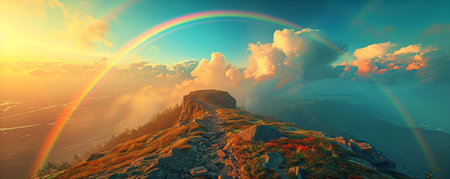 Mountain with colorful rainbow in cloudy sky over field. Nature landscape after stormの素材