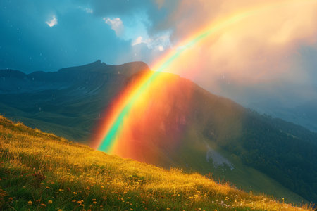Mountain with colorful rainbow in cloudy sky over field. Nature landscape after stormの素材