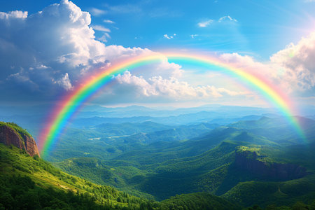 Mountain with colorful rainbow in cloudy sky over field. Nature landscape after stormの素材