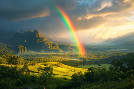Mountain with colorful rainbow in cloudy sky over field. Nature landscape after stormの素材