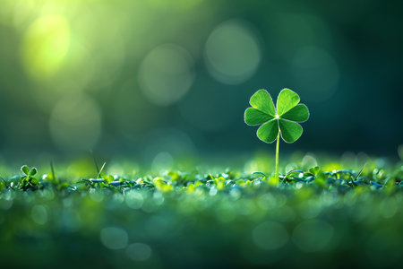 Closeup of green four leaf clover. Clover leaves nature background. St Patrick's Day holiday symbolの素材