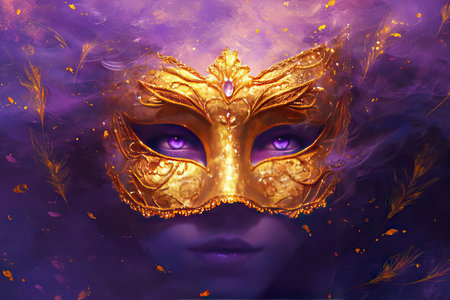 Colorful masks and costumes at traditional Carnival in Venice. Beautiful woman in mysterious maskの素材