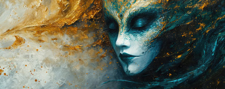 Colorful masks and costumes at traditional Carnival in Venice. Beautiful woman in mysterious maskの素材