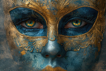 Colorful masks and costumes at traditional Carnival in Venice. Beautiful woman in mysterious maskの素材