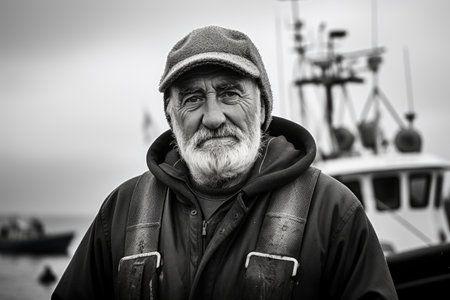 Professional industrial nordic fisherman, sailor on ship in the fishing harbor. Commercial fishingの素材