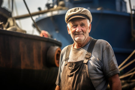 Professional industrial nordic fisherman, sailor on ship in the fishing harbor. Commercial fishingの素材