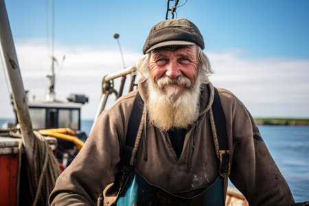 Professional industrial nordic fisherman, sailor on ship in the fishing harbor. Commercial fishingの素材