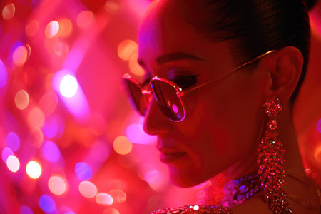 Beautiful woman on the party. Fashion female model in colorful bright neon blue and purple lightsの素材