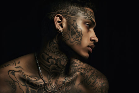 Brutal handsome gangster man with tattooed face. Young tattooed rap singer or break dancerの素材