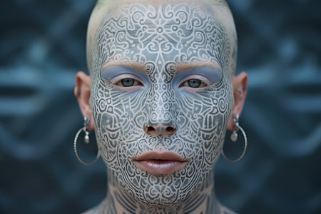 Brutal handsome gangster man with tattooed face. Young tattooed rap singer or break dancerの素材