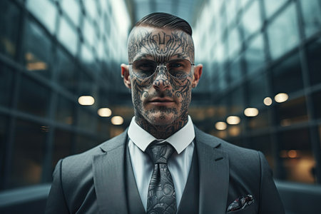 Portrait of unconventional tattooed stylish brutal man in a formal suit. Modern hipster businessmanの素材