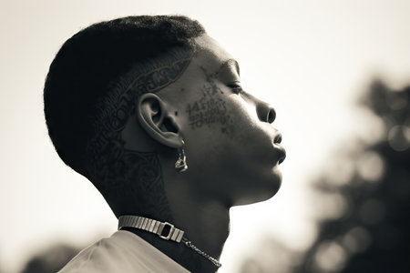 Brutal handsome gangster man with tattooed face. Young tattooed rap singer or break dancerの素材