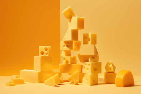 Assortment cheeses on yellow background. Different kinds of delicious cheeseの素材