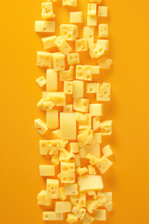 Assortment cheeses on yellow background. Different kinds of delicious cheeseの素材