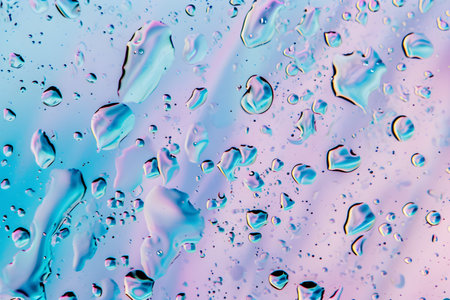 Serum or water drops on blue, pink and purple surface background. Toner, cleanser lotion, hyaluronicの素材