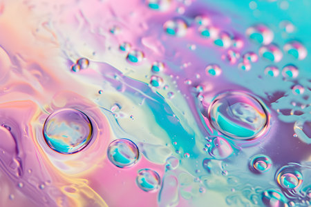 Serum or water drops on blue, pink and purple surface background. Toner, cleanser lotion, hyaluronicの素材