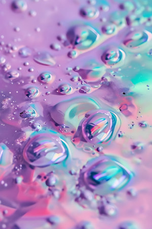 Serum or water drops on blue, pink and purple surface background. Toner, cleanser lotion, hyaluronicの素材
