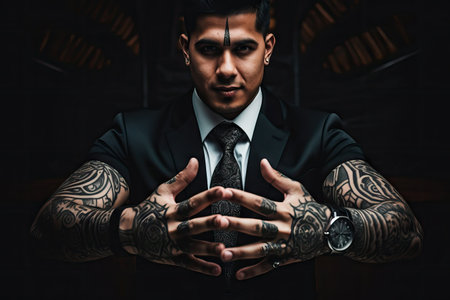 Portrait of unconventional tattooed stylish brutal man in a formal suit. Modern hipster businessmanの素材