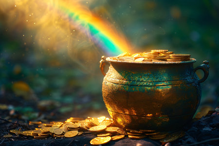 Gold pot full of coins on dark magic forest. Fantasy fairy tail background. St. Patrick's dayの素材