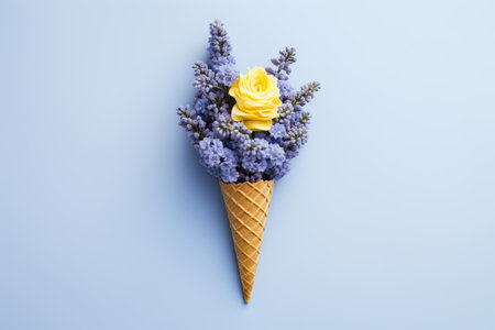 Ice cream in waffle cone with lavender flowers. Minimal summer, spring creative conceptの素材