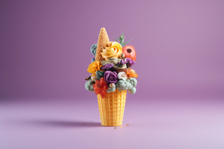 Ice cream in waffle cone with lavender flowers. Minimal summer, spring creative conceptの素材