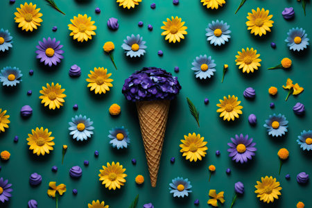Ice cream in waffle cone with lavender flowers. Minimal summer, spring creative conceptの素材