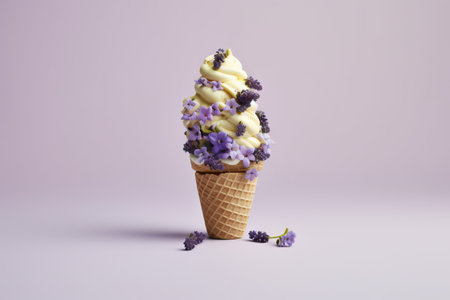 Ice cream in waffle cone with lavender flowers. Minimal summer, spring creative conceptの素材