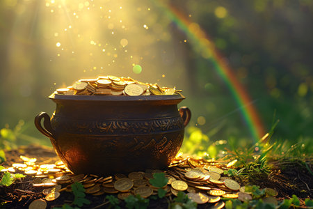 Gold pot full of coins on dark magic forest. Fantasy fairy tail background. St. Patrick's dayの素材
