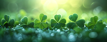 Clover field, green nature background. Four leaved shamrocks as St Patrick's Day holiday symbolの素材