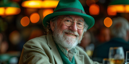 Happy senior man drinking beer in the bar. Celebrates St. Patrick's Day in Ireland pubの素材
