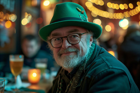 Happy senior man drinking beer in the bar. Celebrates St. Patrick's Day in Ireland pubの素材