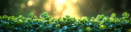 Clover field, green nature background. Four leaved shamrocks as St Patrick's Day holiday symbolの素材