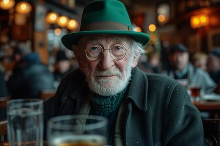 Happy senior man drinking beer in the bar. Celebrates St. Patrick's Day in Ireland pubの素材