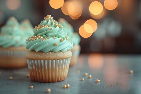 Decorated green cupcakes with cream on blurred background. Food for birthday, party, Patrick's Dayの素材