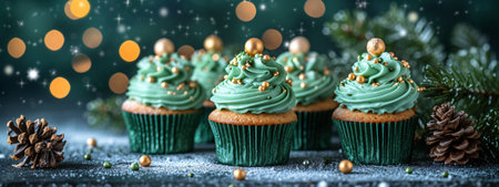Decorated green cupcakes with cream on blurred background. Food for birthday, party, Patrick's Dayの素材